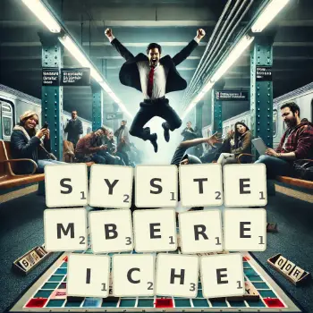 Kreative Illustration für ein Scrabble-Spiel, bei dem das Wort SYSTEMBEREICHE mit Steinen auf dem Brett gelegt wurde.