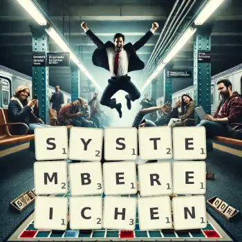 Kreative Illustration für ein Scrabble-Spiel, bei dem das Wort SYSTEMBEREICHEN mit Steinen auf dem Brett gelegt wurde.