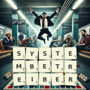 Kreative Illustration für ein Scrabble-Spiel, bei dem das Wort SYSTEMBETREIBER mit Steinen auf dem Brett gelegt wurde.