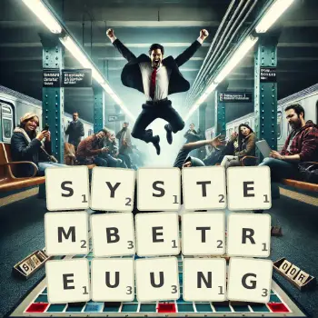Kreative Illustration für ein Scrabble-Spiel, bei dem das Wort SYSTEMBETREUUNG mit Steinen auf dem Brett gelegt wurde.