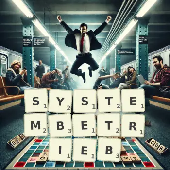 Kreative Illustration für ein Scrabble-Spiel, bei dem das Wort SYSTEMBETRIEB mit Steinen auf dem Brett gelegt wurde.