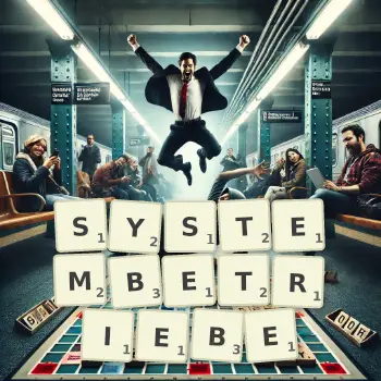 Kreative Illustration für ein Scrabble-Spiel, bei dem das Wort SYSTEMBETRIEBE mit Steinen auf dem Brett gelegt wurde.