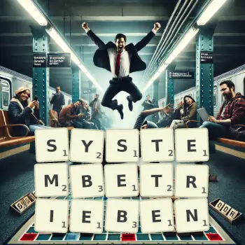 Kreative Illustration für ein Scrabble-Spiel, bei dem das Wort SYSTEMBETRIEBEN mit Steinen auf dem Brett gelegt wurde.