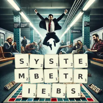 Kreative Illustration für ein Scrabble-Spiel, bei dem das Wort SYSTEMBETRIEBS mit Steinen auf dem Brett gelegt wurde.