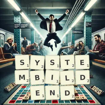 Kreative Illustration für ein Scrabble-Spiel, bei dem das Wort SYSTEMBILDEND mit Steinen auf dem Brett gelegt wurde.