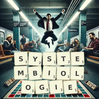 Kreative Illustration für ein Scrabble-Spiel, bei dem das Wort SYSTEMBIOLOGIE mit Steinen auf dem Brett gelegt wurde.