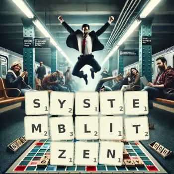 Kreative Illustration für ein Scrabble-Spiel, bei dem das Wort SYSTEMBLITZEN mit Steinen auf dem Brett gelegt wurde.