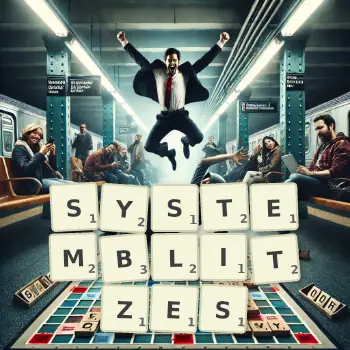 Kreative Illustration für ein Scrabble-Spiel, bei dem das Wort SYSTEMBLITZES mit Steinen auf dem Brett gelegt wurde.