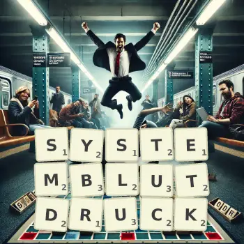 Kreative Illustration für ein Scrabble-Spiel, bei dem das Wort SYSTEMBLUTDRUCK mit Steinen auf dem Brett gelegt wurde.