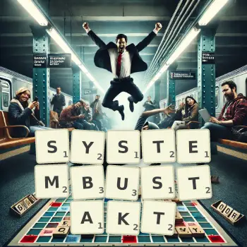 Kreative Illustration für ein Scrabble-Spiel, bei dem das Wort SYSTEMBUSTAKT mit Steinen auf dem Brett gelegt wurde.