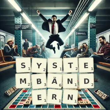 Kreative Illustration für ein Scrabble-Spiel, bei dem das Wort SYSTEMBÄNDERN mit Steinen auf dem Brett gelegt wurde.