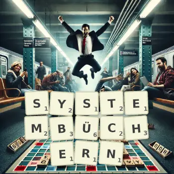 Kreative Illustration für ein Scrabble-Spiel, bei dem das Wort SYSTEMBÜCHERN mit Steinen auf dem Brett gelegt wurde.