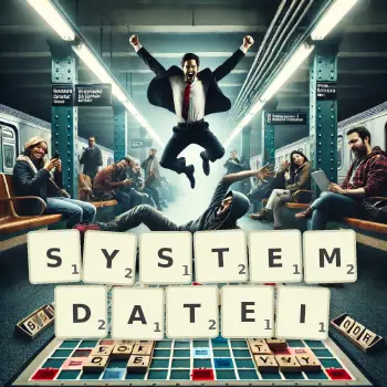 Kreative Illustration für ein Scrabble-Spiel, bei dem das Wort SYSTEMDATEI mit Steinen auf dem Brett gelegt wurde.