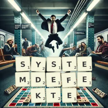 Kreative Illustration für ein Scrabble-Spiel, bei dem das Wort SYSTEMDEFEKTE mit Steinen auf dem Brett gelegt wurde.