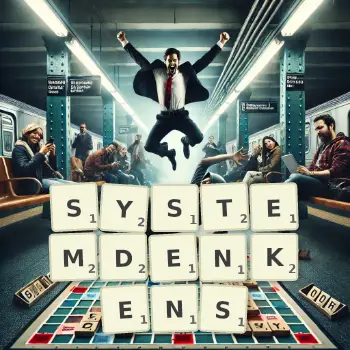 Kreative Illustration für ein Scrabble-Spiel, bei dem das Wort SYSTEMDENKENS mit Steinen auf dem Brett gelegt wurde.