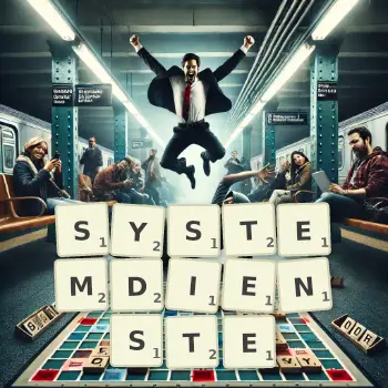 Kreative Illustration für ein Scrabble-Spiel, bei dem das Wort SYSTEMDIENSTE mit Steinen auf dem Brett gelegt wurde.