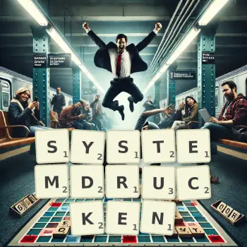 Kreative Illustration für ein Scrabble-Spiel, bei dem das Wort SYSTEMDRUCKEN mit Steinen auf dem Brett gelegt wurde.