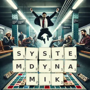 Kreative Illustration für ein Scrabble-Spiel, bei dem das Wort SYSTEMDYNAMIK mit Steinen auf dem Brett gelegt wurde.