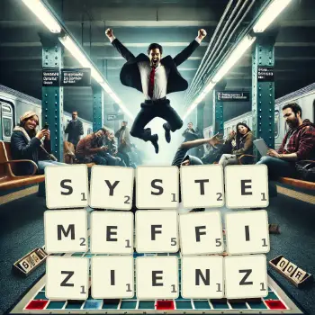 Kreative Illustration für ein Scrabble-Spiel, bei dem das Wort SYSTEMEFFIZIENZ mit Steinen auf dem Brett gelegt wurde.
