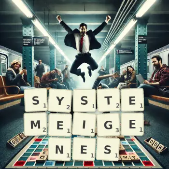 Kreative Illustration für ein Scrabble-Spiel, bei dem das Wort SYSTEMEIGENES mit Steinen auf dem Brett gelegt wurde.