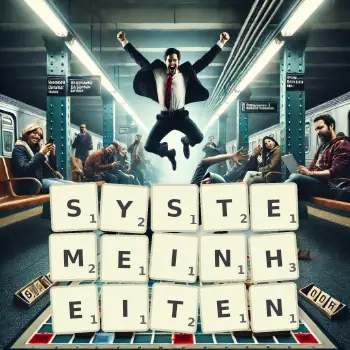 Kreative Illustration für ein Scrabble-Spiel, bei dem das Wort SYSTEMEINHEITEN mit Steinen auf dem Brett gelegt wurde.