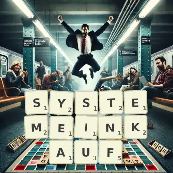Kreative Illustration für ein Scrabble-Spiel, bei dem das Wort SYSTEMEINKAUF mit Steinen auf dem Brett gelegt wurde.