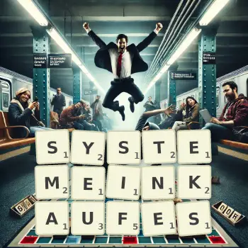 Kreative Illustration für ein Scrabble-Spiel, bei dem das Wort SYSTEMEINKAUFES mit Steinen auf dem Brett gelegt wurde.