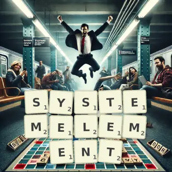 Kreative Illustration für ein Scrabble-Spiel, bei dem das Wort SYSTEMELEMENT mit Steinen auf dem Brett gelegt wurde.