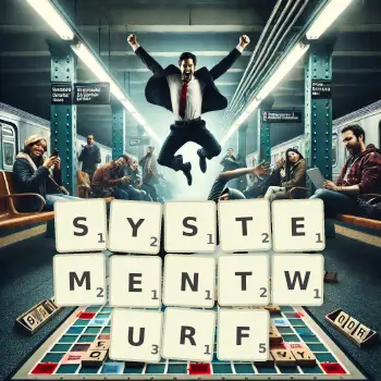 Kreative Illustration für ein Scrabble-Spiel, bei dem das Wort SYSTEMENTWURF mit Steinen auf dem Brett gelegt wurde.