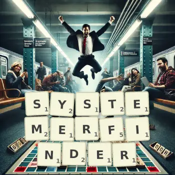 Kreative Illustration für ein Scrabble-Spiel, bei dem das Wort SYSTEMERFINDER mit Steinen auf dem Brett gelegt wurde.