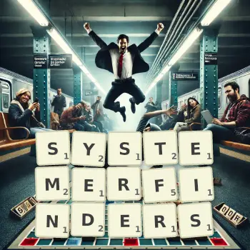 Kreative Illustration für ein Scrabble-Spiel, bei dem das Wort SYSTEMERFINDERS mit Steinen auf dem Brett gelegt wurde.
