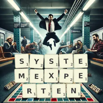 Kreative Illustration für ein Scrabble-Spiel, bei dem das Wort SYSTEMEXPERTEN mit Steinen auf dem Brett gelegt wurde.