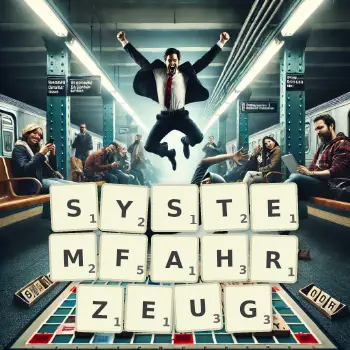 Kreative Illustration für ein Scrabble-Spiel, bei dem das Wort SYSTEMFAHRZEUG mit Steinen auf dem Brett gelegt wurde.