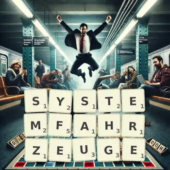 Kreative Illustration für ein Scrabble-Spiel, bei dem das Wort SYSTEMFAHRZEUGE mit Steinen auf dem Brett gelegt wurde.