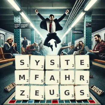 Kreative Illustration für ein Scrabble-Spiel, bei dem das Wort SYSTEMFAHRZEUGS mit Steinen auf dem Brett gelegt wurde.