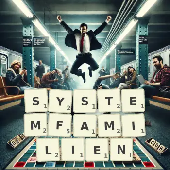 Kreative Illustration für ein Scrabble-Spiel, bei dem das Wort SYSTEMFAMILIEN mit Steinen auf dem Brett gelegt wurde.