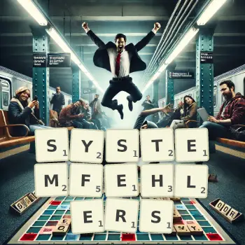 Kreative Illustration für ein Scrabble-Spiel, bei dem das Wort SYSTEMFEHLERS mit Steinen auf dem Brett gelegt wurde.