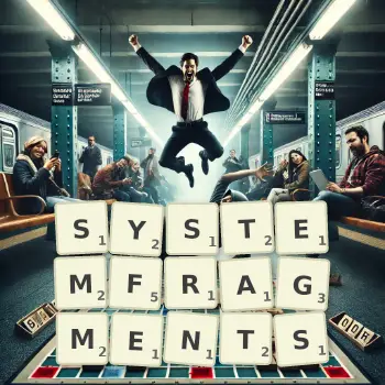 Kreative Illustration für ein Scrabble-Spiel, bei dem das Wort SYSTEMFRAGMENTS mit Steinen auf dem Brett gelegt wurde.