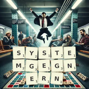 Kreative Illustration für ein Scrabble-Spiel, bei dem das Wort SYSTEMGEGNERN mit Steinen auf dem Brett gelegt wurde.