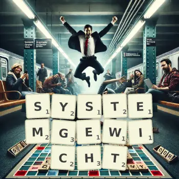 Kreative Illustration für ein Scrabble-Spiel, bei dem das Wort SYSTEMGEWICHT mit Steinen auf dem Brett gelegt wurde.