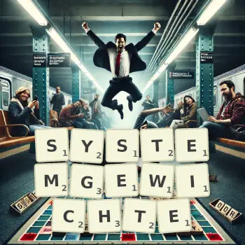 Kreative Illustration für ein Scrabble-Spiel, bei dem das Wort SYSTEMGEWICHTE mit Steinen auf dem Brett gelegt wurde.