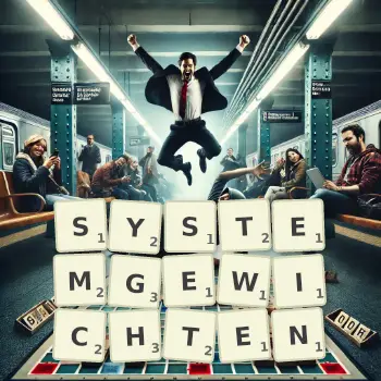 Kreative Illustration für ein Scrabble-Spiel, bei dem das Wort SYSTEMGEWICHTEN mit Steinen auf dem Brett gelegt wurde.