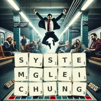 Kreative Illustration für ein Scrabble-Spiel, bei dem das Wort SYSTEMGLEICHUNG mit Steinen auf dem Brett gelegt wurde.