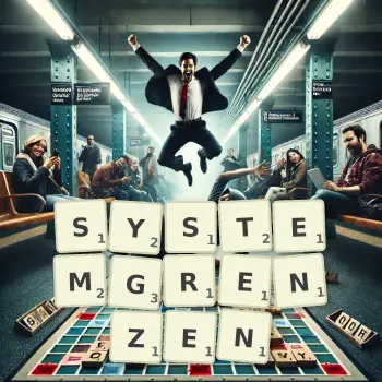 Kreative Illustration für ein Scrabble-Spiel, bei dem das Wort SYSTEMGRENZEN mit Steinen auf dem Brett gelegt wurde.
