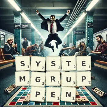 Kreative Illustration für ein Scrabble-Spiel, bei dem das Wort SYSTEMGRUPPEN mit Steinen auf dem Brett gelegt wurde.