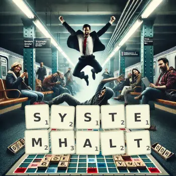 Kreative Illustration für ein Scrabble-Spiel, bei dem das Wort SYSTEMHALT mit Steinen auf dem Brett gelegt wurde.