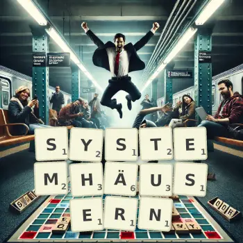 Kreative Illustration für ein Scrabble-Spiel, bei dem das Wort SYSTEMHÄUSERN mit Steinen auf dem Brett gelegt wurde.
