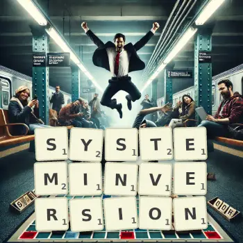Kreative Illustration für ein Scrabble-Spiel, bei dem das Wort SYSTEMINVERSION mit Steinen auf dem Brett gelegt wurde.