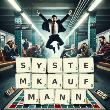 Kreative Illustration für ein Scrabble-Spiel, bei dem das Wort SYSTEMKAUFMANN mit Steinen auf dem Brett gelegt wurde.