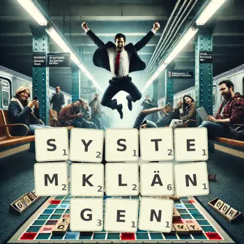 Kreative Illustration für ein Scrabble-Spiel, bei dem das Wort SYSTEMKLÄNGEN mit Steinen auf dem Brett gelegt wurde.